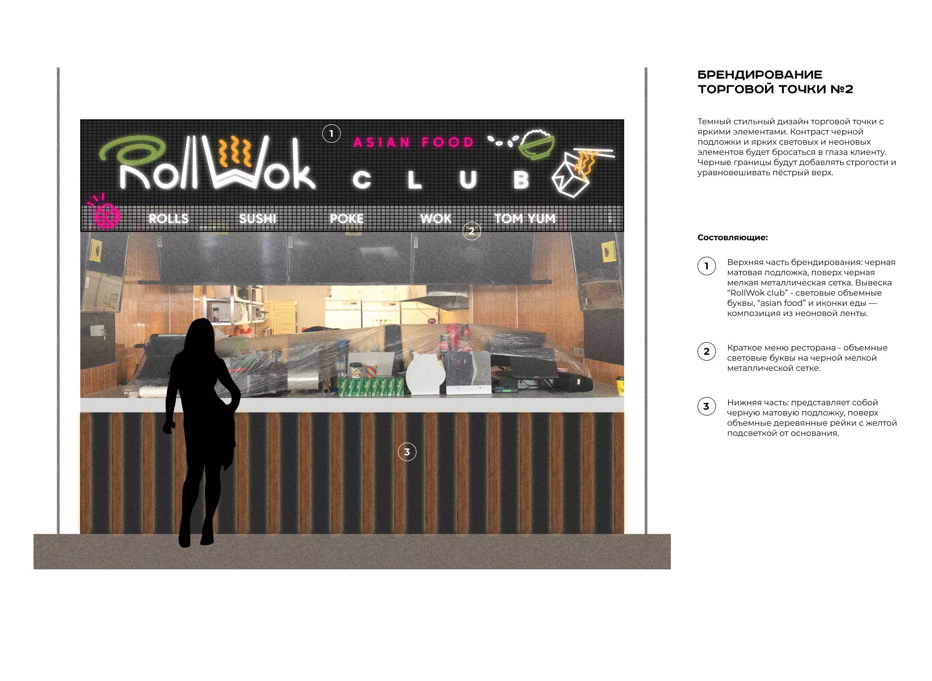 Брендирование торговых точек суши-бара «Roll Wok Club» в Рошале