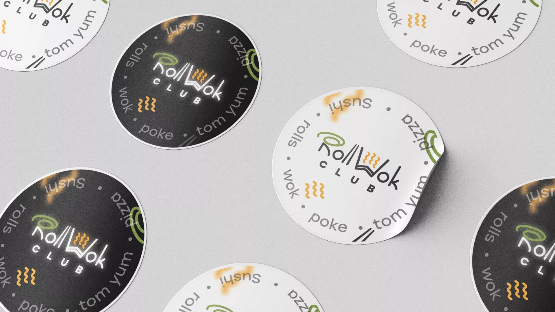 Разработка дизайна наклеек для суши-бара «Roll Wok Club» в Рошале